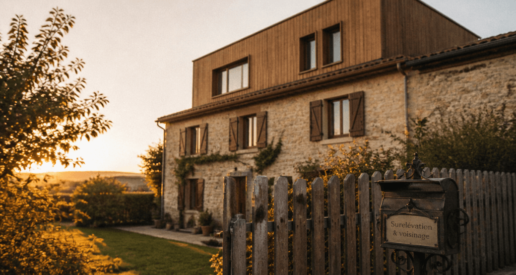 Surélévation maison et voisinage, étage bois ajouté à maison en pierre