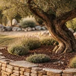 Amenagement olivier jardin : olivier sur butte, pouzzolane et aromatiques