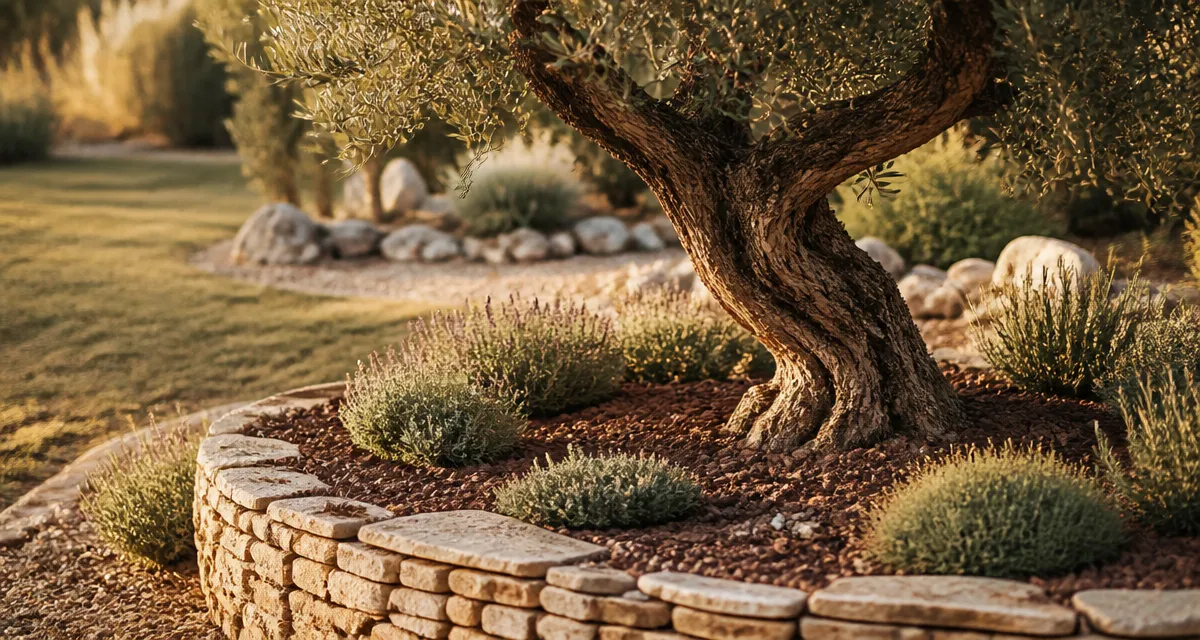 Amenagement olivier jardin : olivier sur butte, pouzzolane et aromatiques