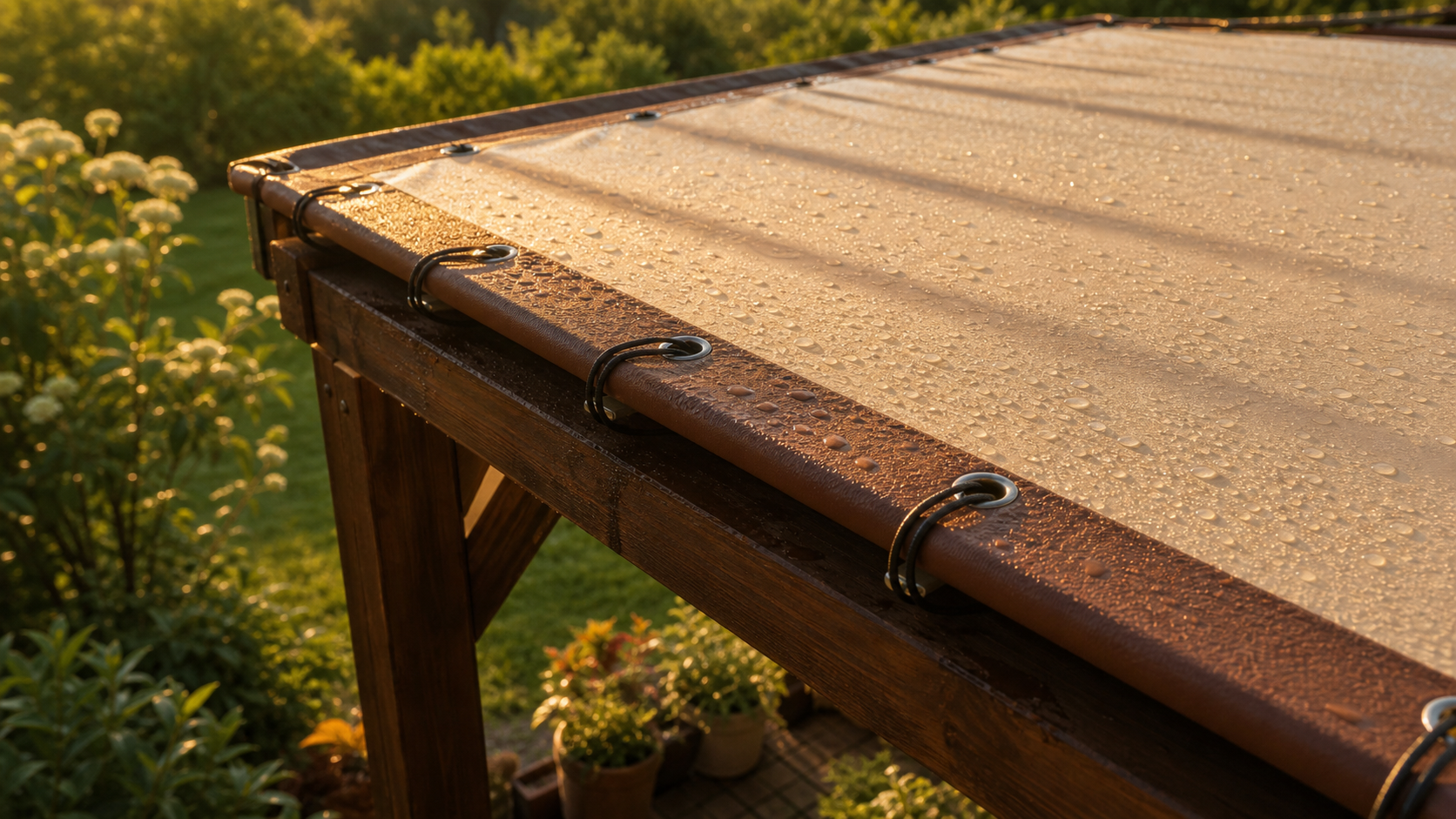 Bache pour pergola PVC tendue sur pergola en bois, œillets et sandows