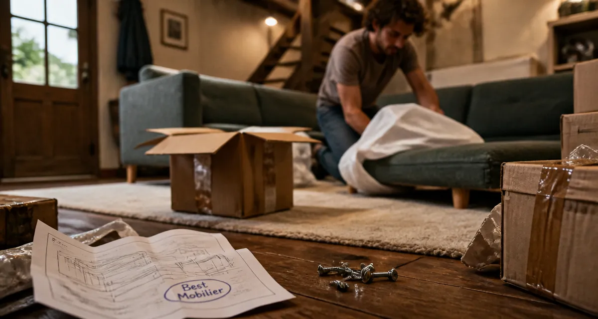 Best mobilier avis : déballage colis de canapé gris-vert