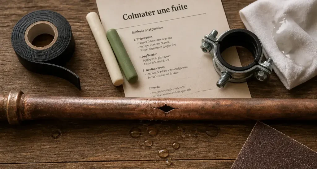 Colmater une fuite d eau sous pression : cuivre percé, ruban auto-amalgamant et collier