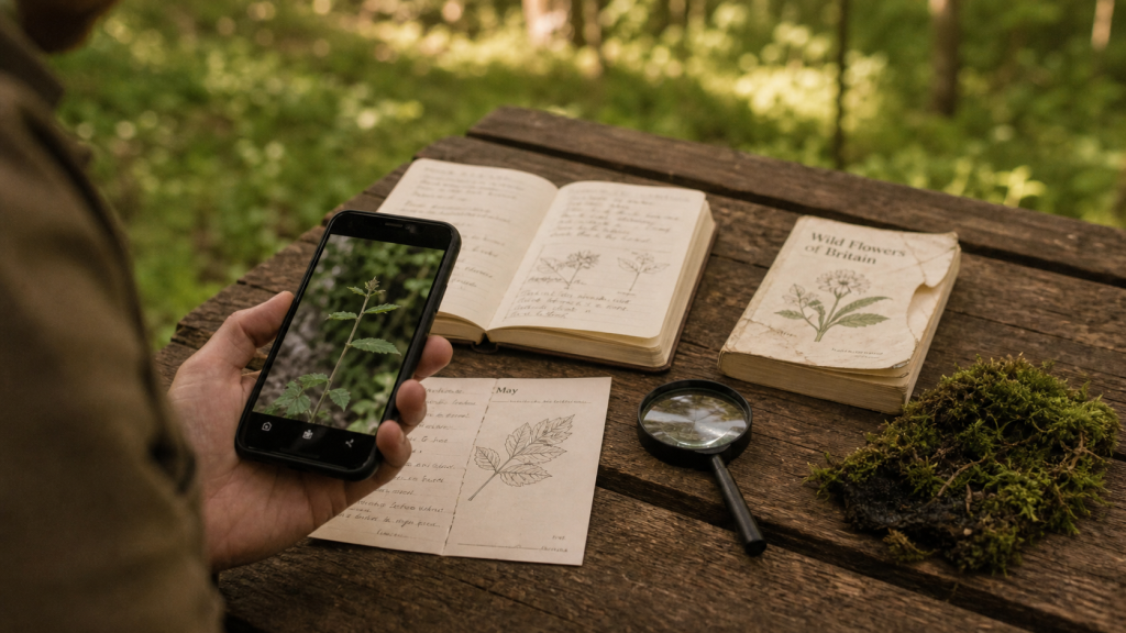 Comment reconnaitre une plante : photo via smartphone et guide sur table, loupe et carnet