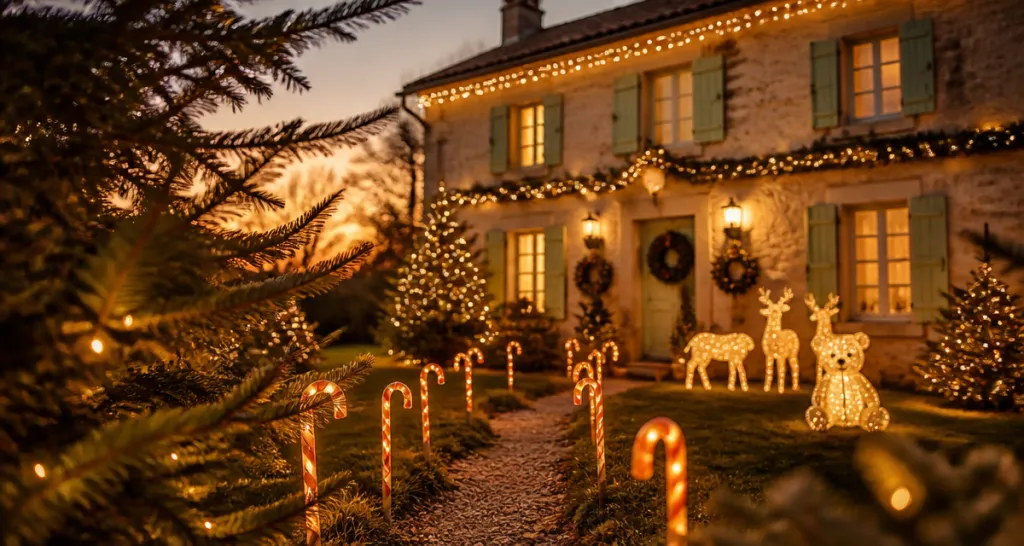 decoration noel exterieur facade lumineuse avec guirlandes et rennes