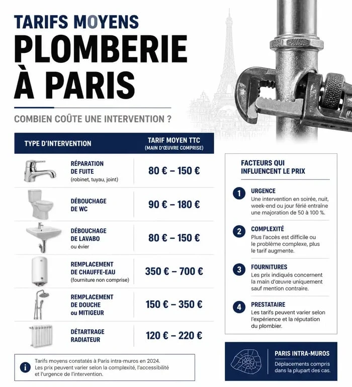 Tableau récapitulatif des tarifs moyens d'un plombier à Paris 12 pour des interventions de dépannage