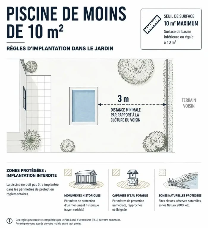 Infographie des règles d'implantation et réglementation pour une piscine de moins de 10m2