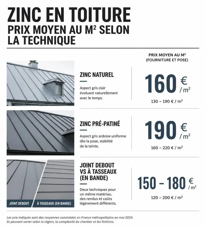 Comparatif des prix au m² pour une toiture en zinc selon la technique de pose et la finition