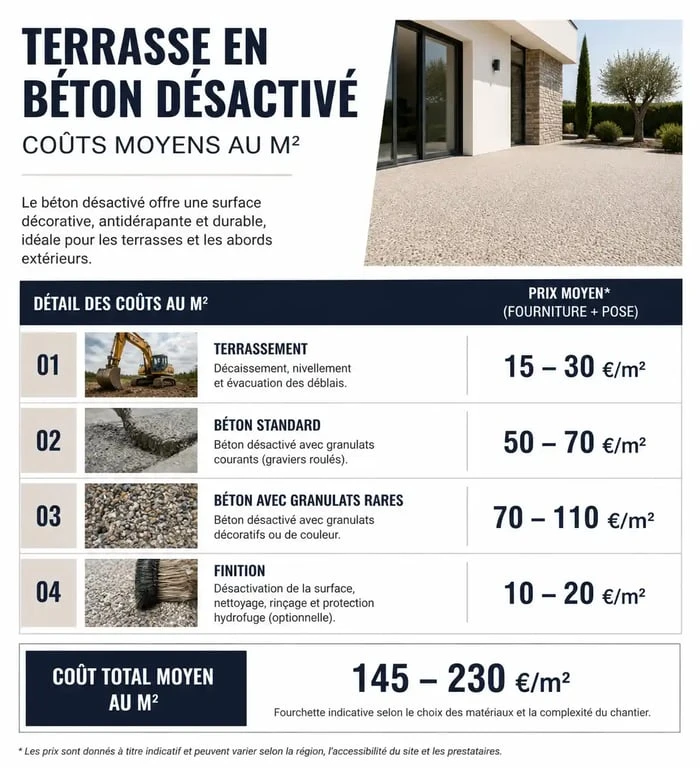 Infographie des coûts moyens au m² pour la réalisation d'une terrasse en béton désactivé
