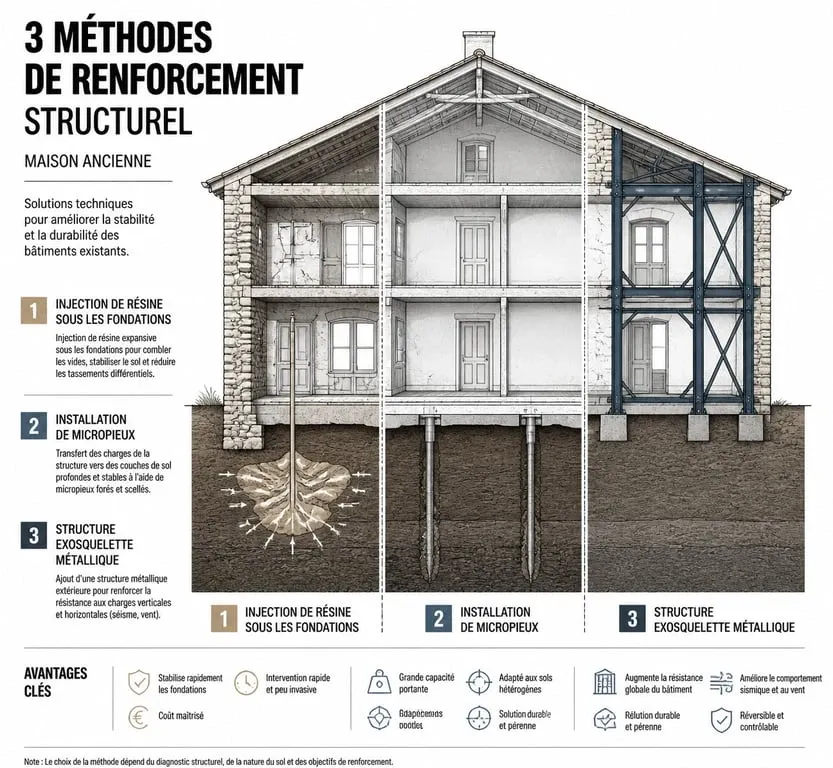 Schéma des techniques de renforcement structurel pour la surélévation d'une maison ancienne