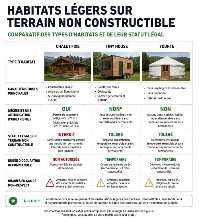 Tableau comparatif des solutions d'habitat sur terrain non constructible et réglementation associée pour chalet sur pilotis