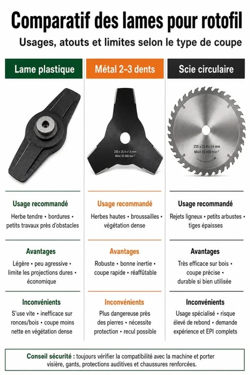 Comparatif des types de lames pour rotofil à lame : plastique, métal et scie circulaire pour le jardinage.