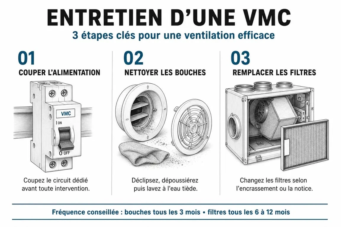 Infographie des étapes de maintenance VMC pour un air intérieur sain