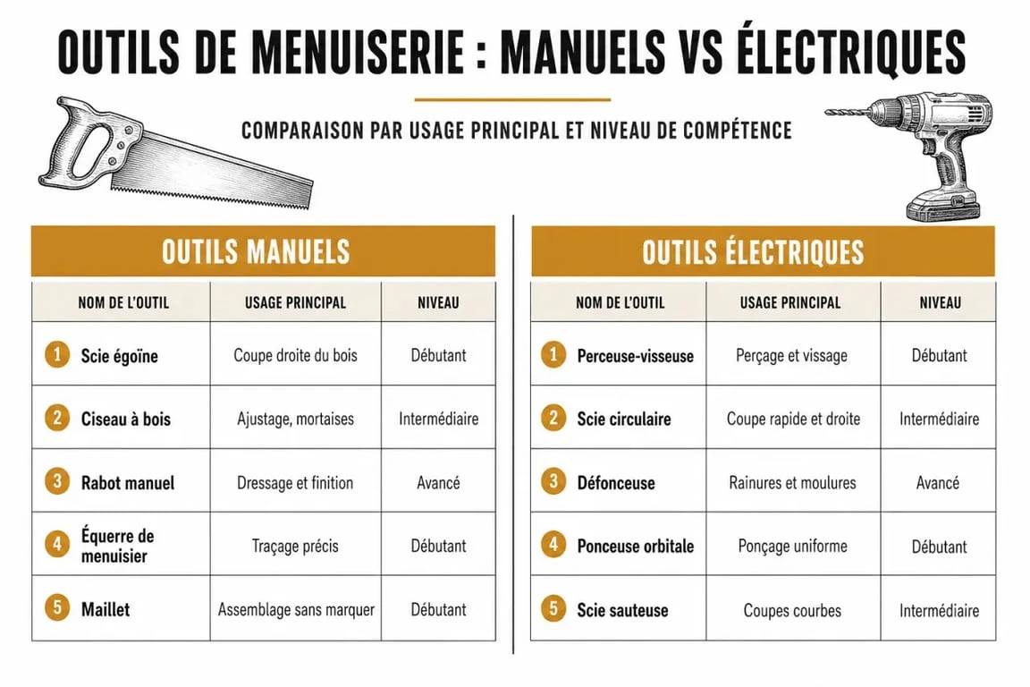 Infographie comparative des outils de menuiserie essentiels pour débutants et professionnels