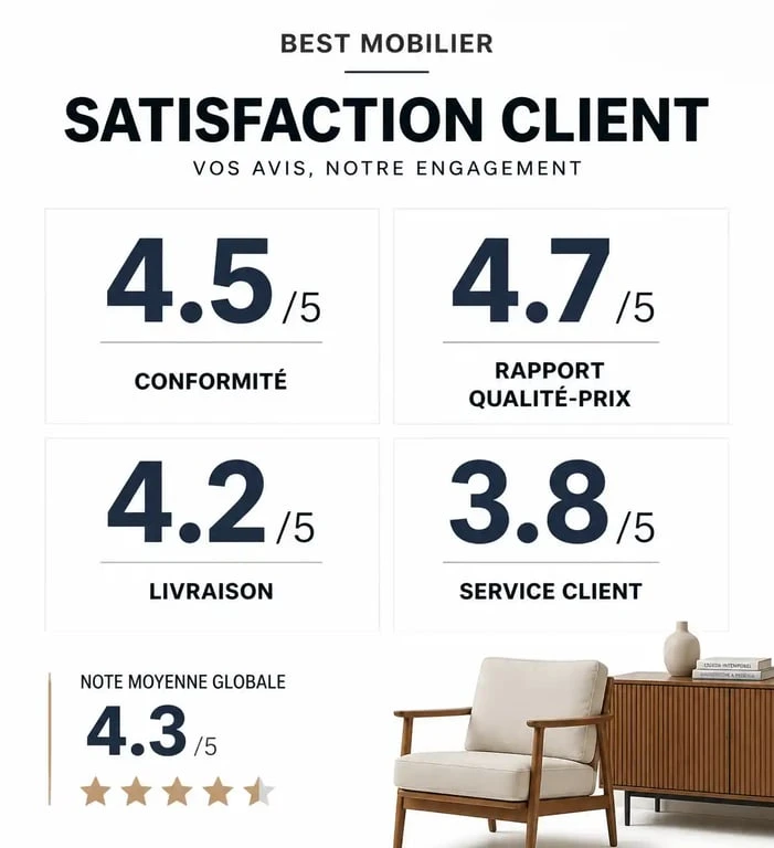 Tableau récapitulatif des avis et notes de satisfaction client pour Best Mobilier