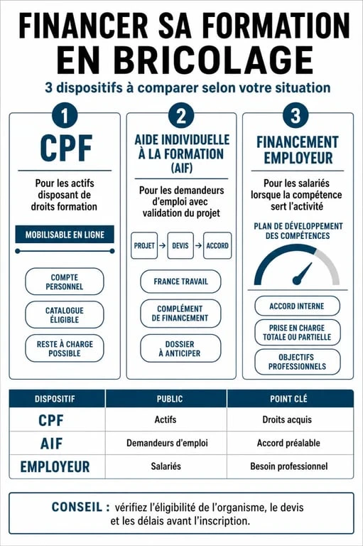 Infographie des options de financement pour une formation en bricolage et travaux