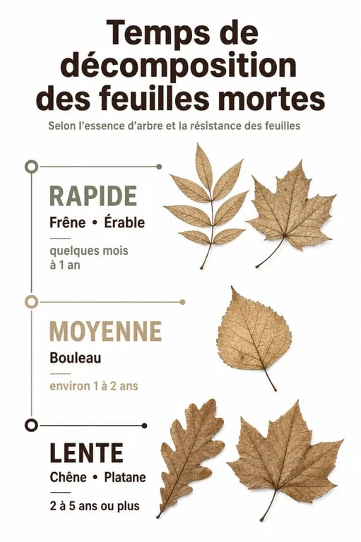 Infographie sur le temps de décomposition des feuilles mortes au jardin