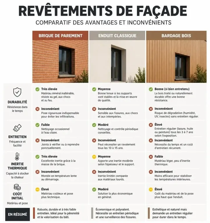 Comparatif des revêtements de façade : brique de parement, enduit et bardage bois pour votre projet de façade brique.