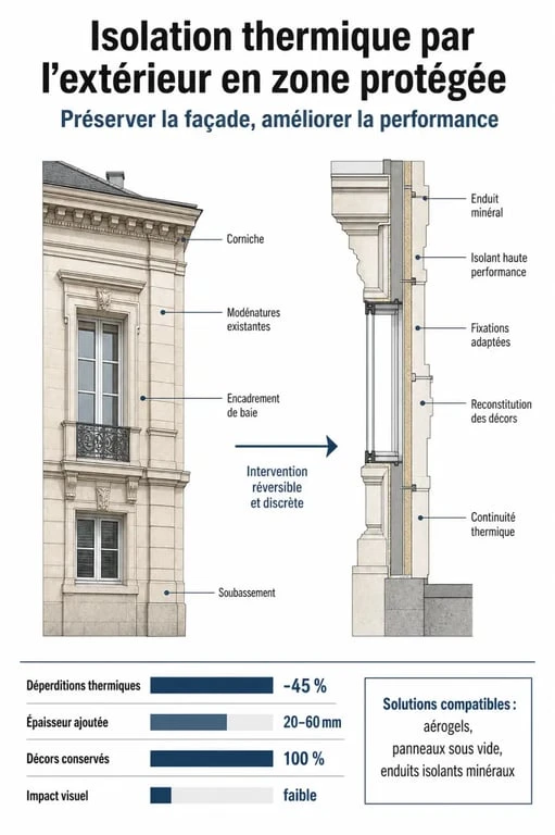 Solutions techniques pour l'isolation extérieure en zone ABF : alternatives pour respecter le patrimoine architectural.
