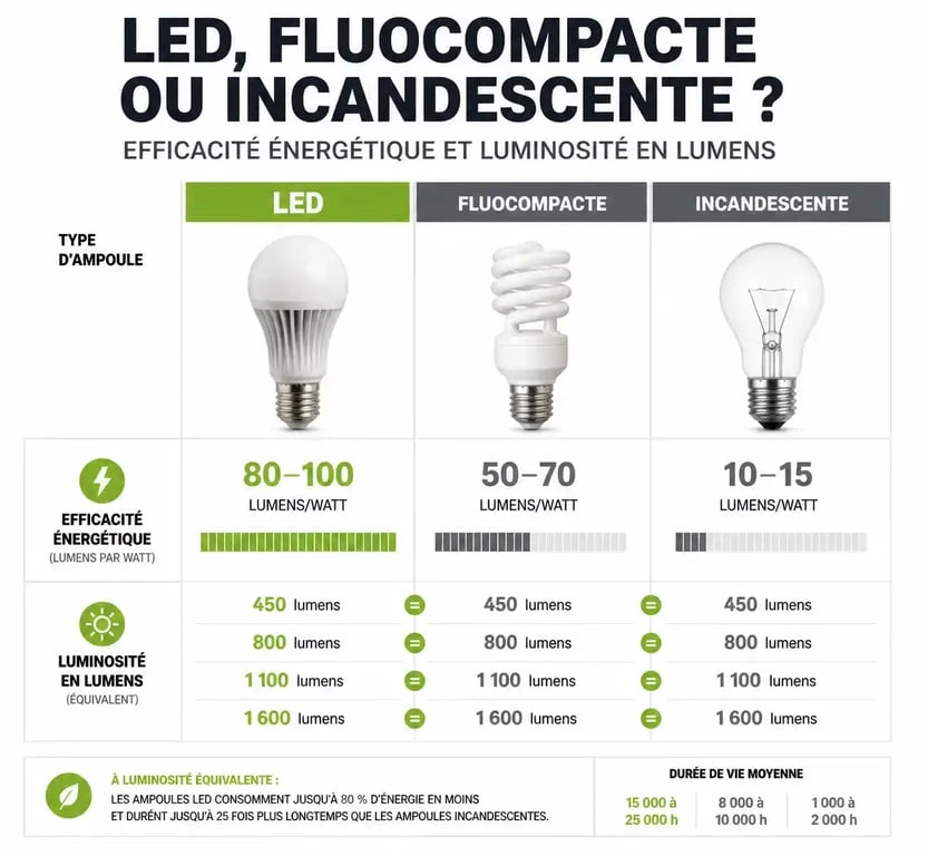 Infographie comparative des technologies d'ampoule économique et efficacité énergétique