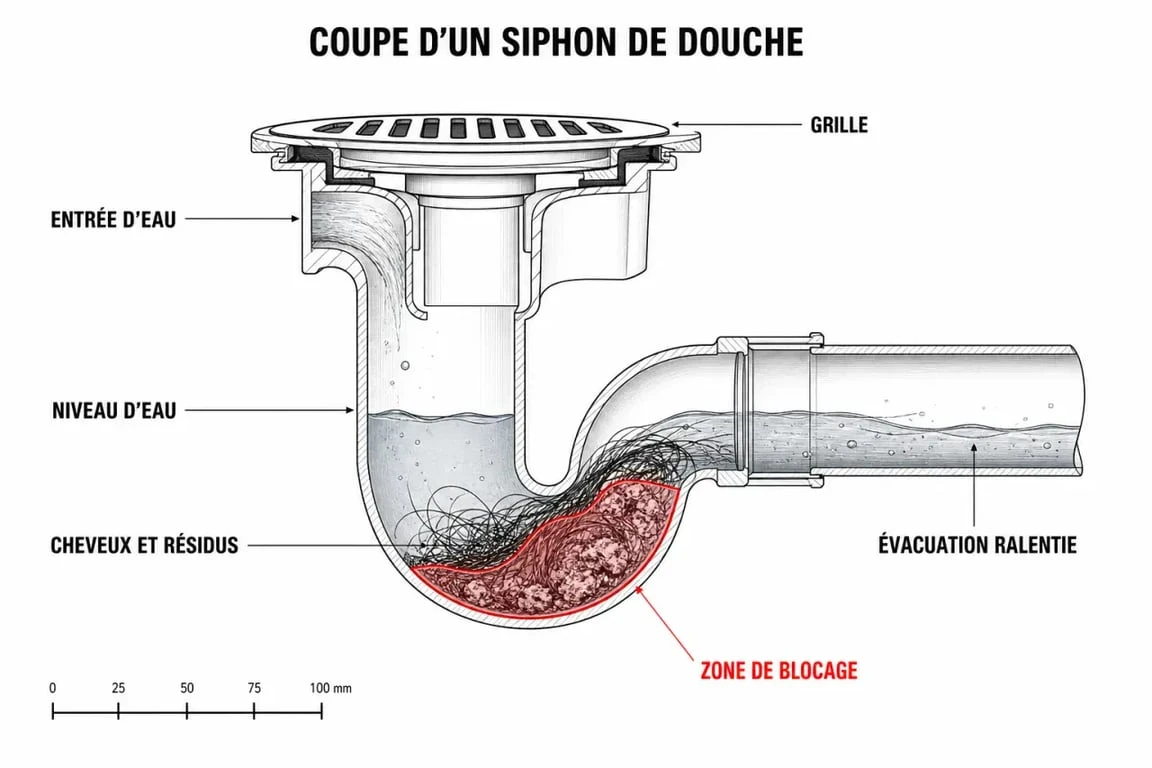 Schéma explicatif pour déboucher la douche et localiser le bouchon dans le siphon
