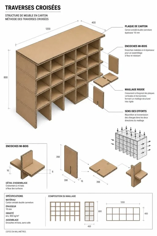 Schéma technique de la méthode des traverses croisées pour la fabrication de meubles en carton
