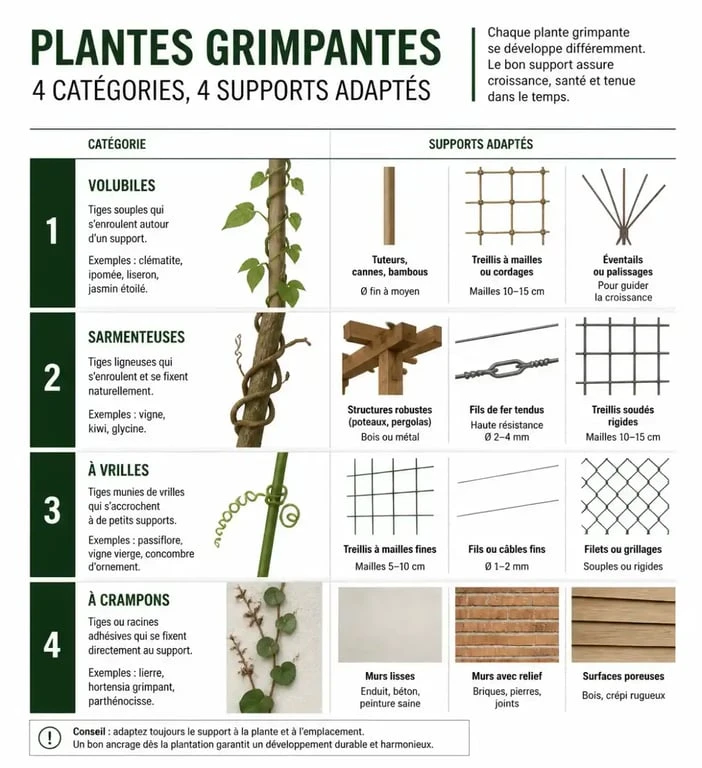 Infographie comparative des supports pour plantes grimpantes : treillis, câbles, colonnes et obélisques selon le type de plante.