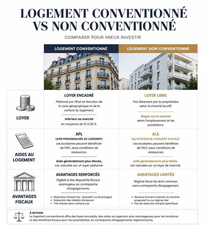 Infographie comparative des différences entre logement conventionné et non conventionné