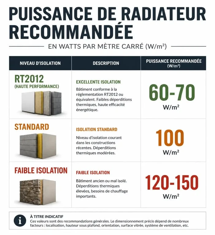 Infographie montrant la puissance de radiateur par m2 recommandée selon l'isolation
