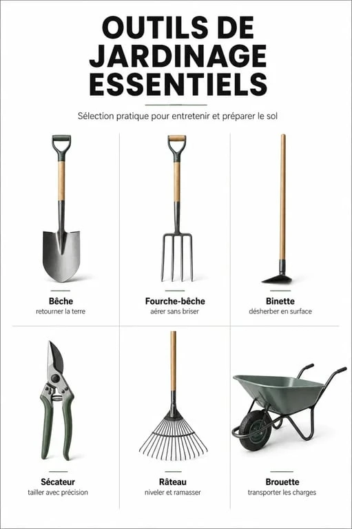 Infographie des outils de jardinage essentiels pour débutants et amateurs