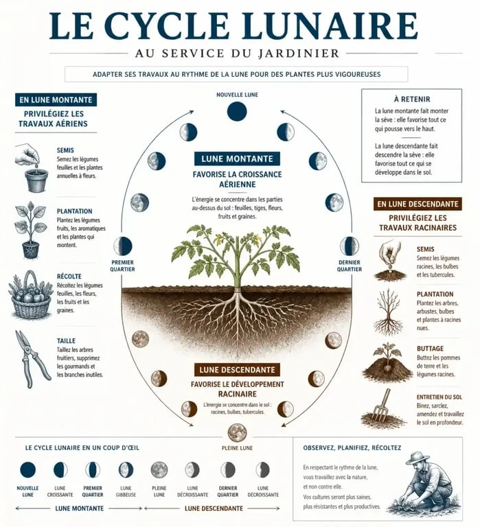 Infographie sur le calendrier lunaire pour le semis des petits pois et les travaux au potager