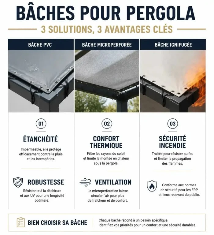 Comparatif des matériaux de bâche pour pergola : PVC, microperforée et ignifugée