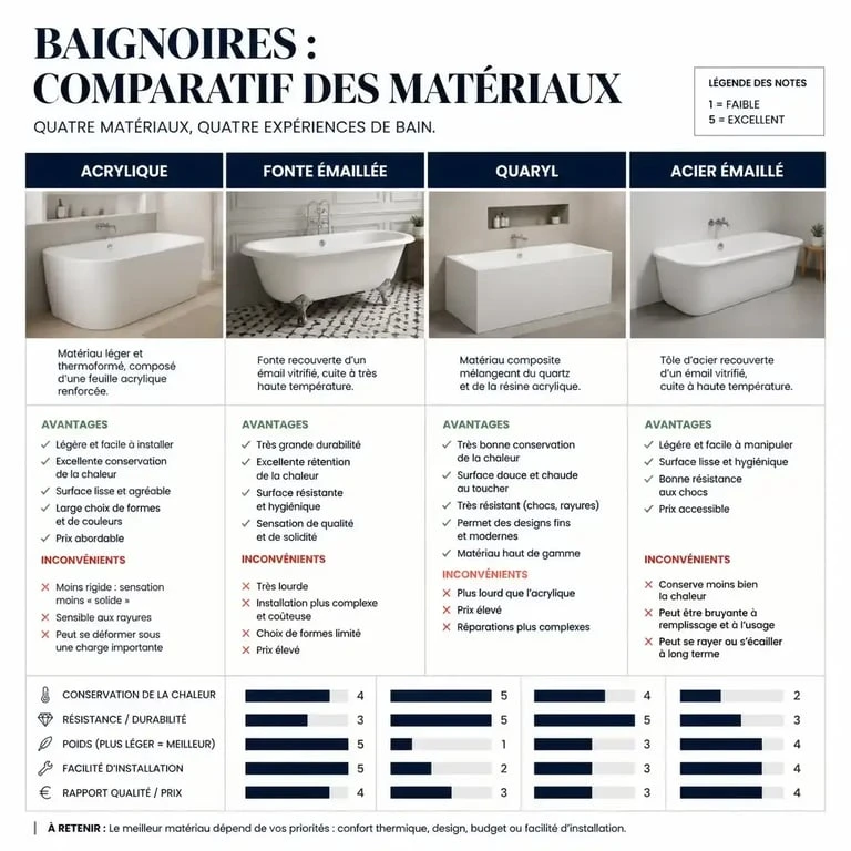 Comparatif des matériaux pour baignoire de salle de bain : avantages et inconvénients
