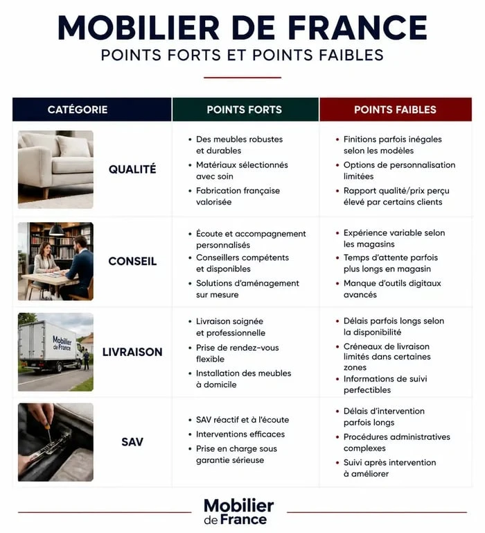 Tableau comparatif des avis sur Mobilier de France : points forts et points faibles