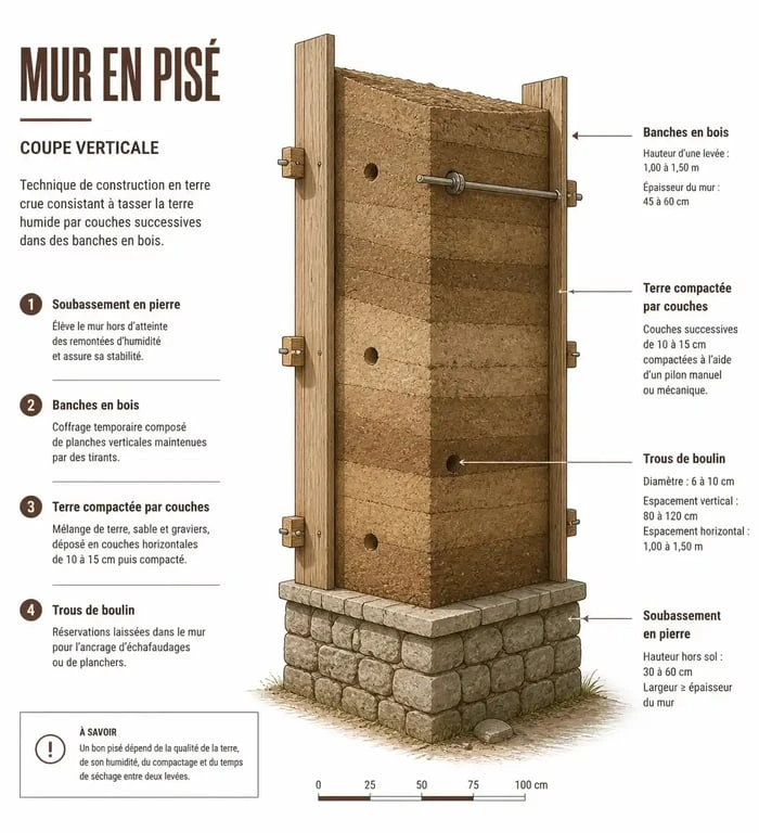 Schéma technique de la structure d'un mur en pisé avec soubassement et banches