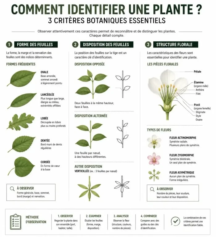 Infographie des critères botaniques pour apprendre comment reconnaitre une plante