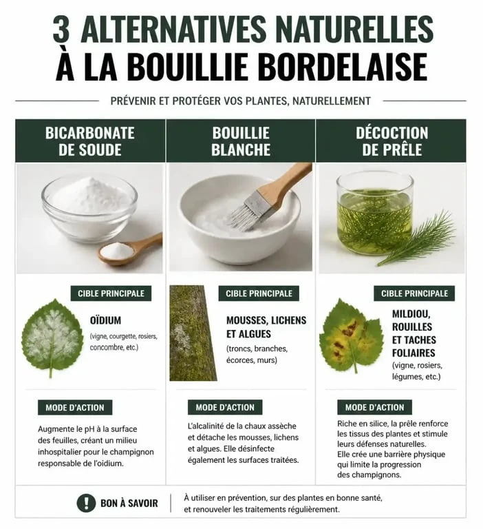 Infographie comparative des alternatives naturelles à la bouillie bordelaise pour le jardin