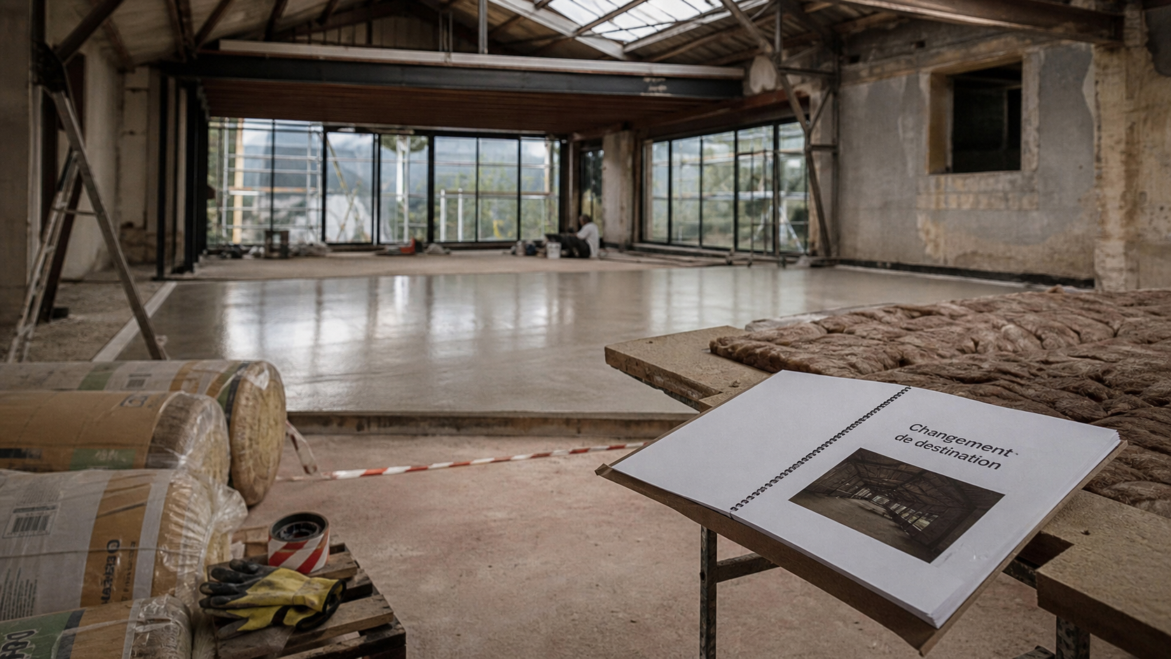 Hangar aménagé en maison : intérieur rénové, isolation et béton