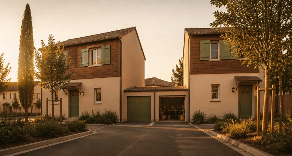 Maison mitoyenne par le garage vue extérieure