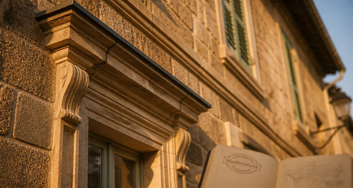 Modénature en pierre : relief sculpté et lumière dorée sur une façade
