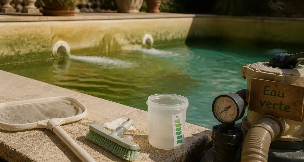 Nettoyer piscine verte : épuisette, brosse, bandelettes pH et filtre pour bassin cristallin