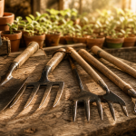 Outillage de jardinage : bêche, grelinette, serfouette et binette en serre, photo.