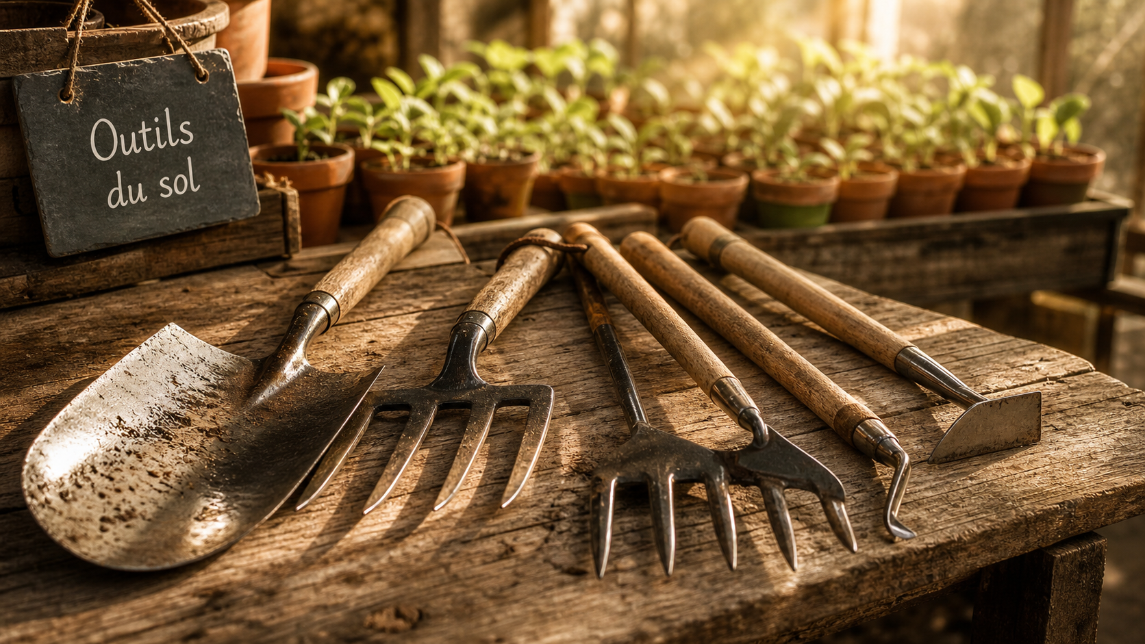 Outillage de jardinage : bêche, grelinette, serfouette et binette en serre, photo.