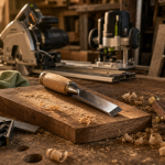 Outils pour menuisier : ciseau, équerre, trusquin et outils de coupe sur établi