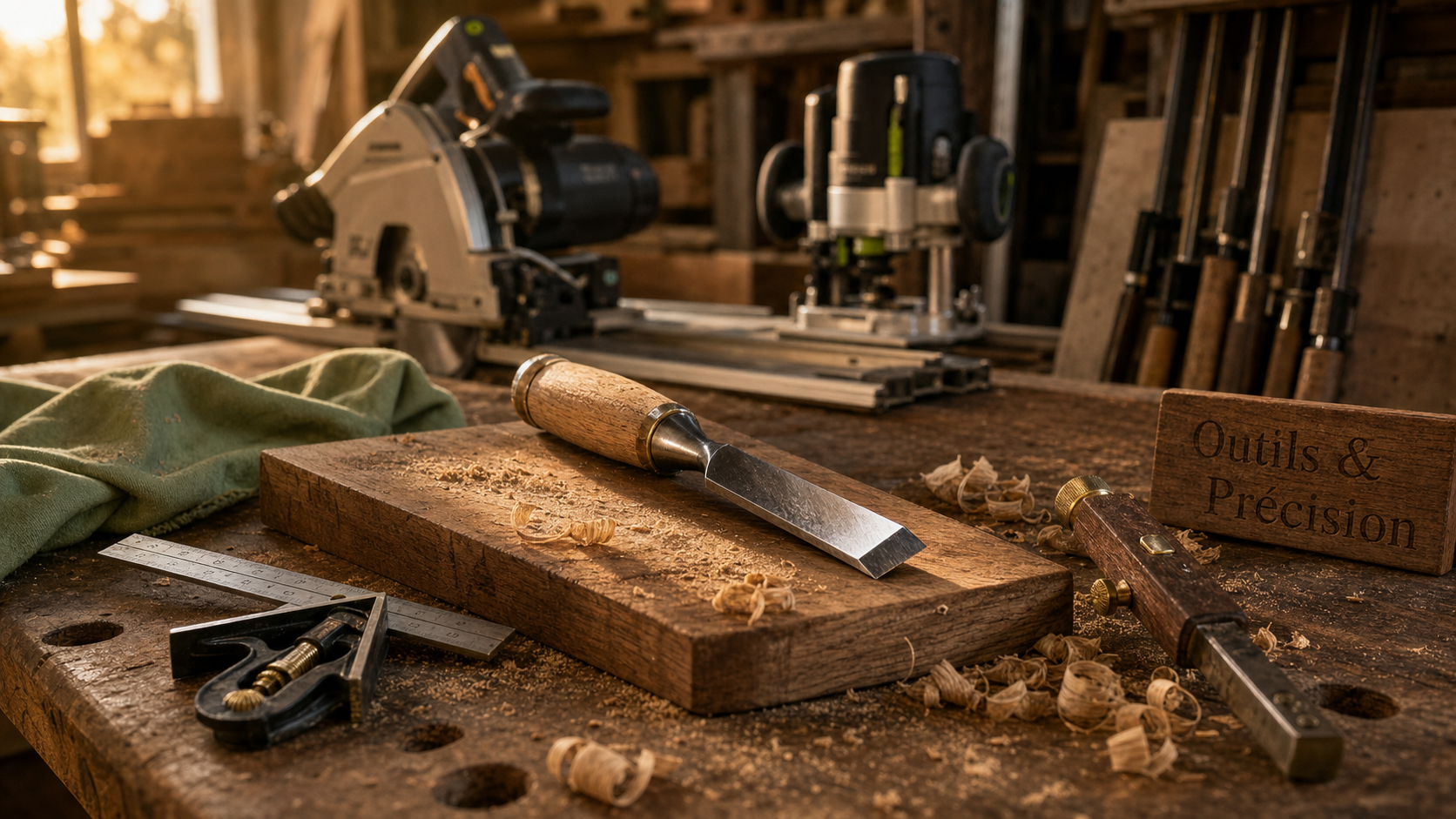 Outils pour menuisier : ciseau, équerre, trusquin et outils de coupe sur établi