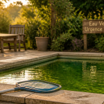 piscine algue verte avec épuisette et panneau urgence