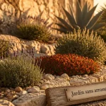 Plantes plein soleil sans arrosage en rocaille : lavande, romarin et delosperma au soleil