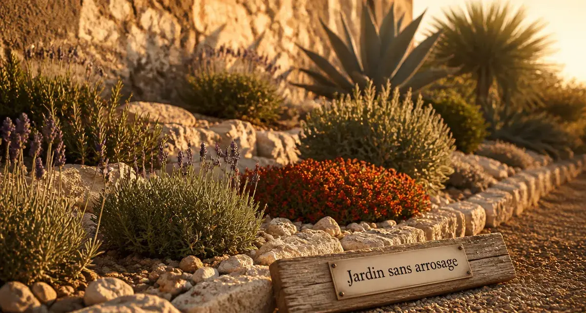 Plantes plein soleil sans arrosage en rocaille : lavande, romarin et delosperma au soleil