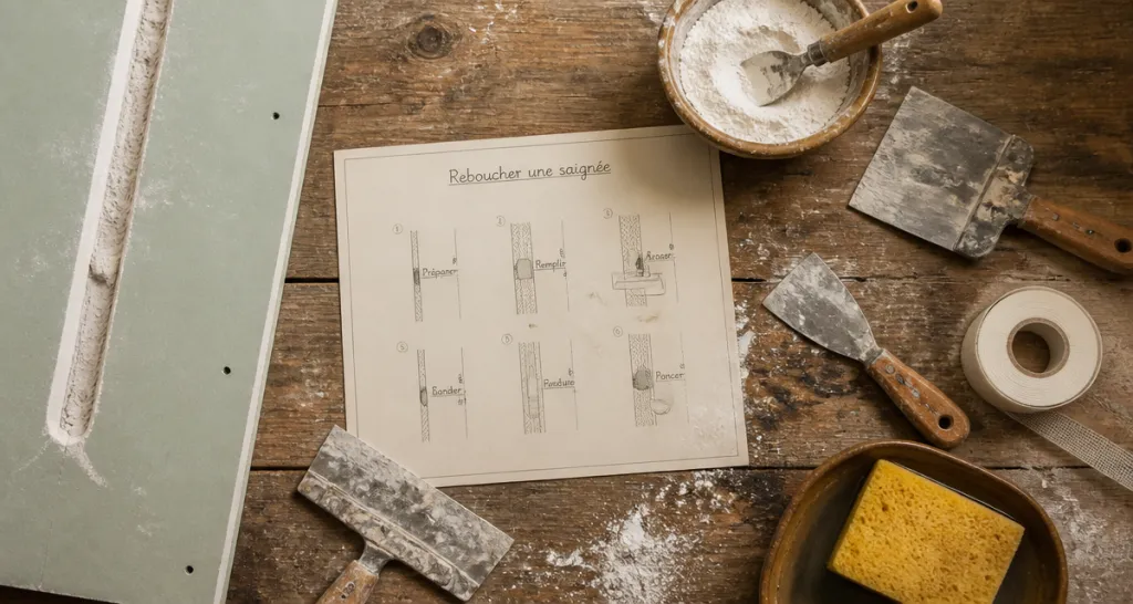 Reboucher saignée placo sur établi avec outils
