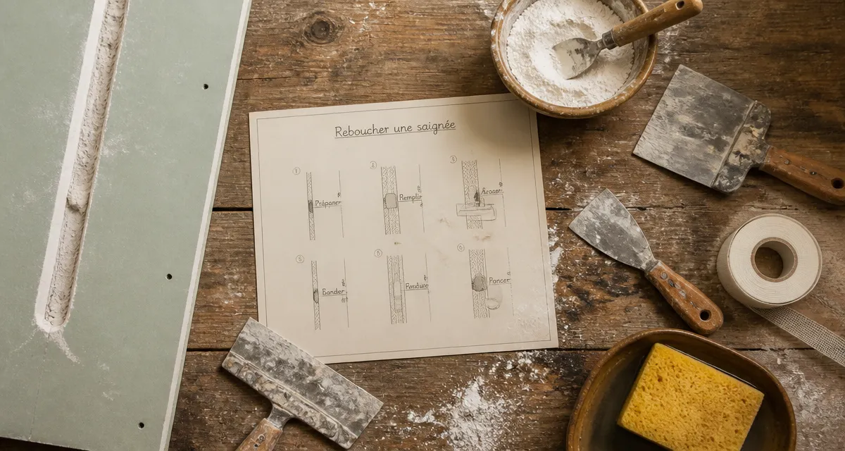 Reboucher saignée placo sur établi avec outils