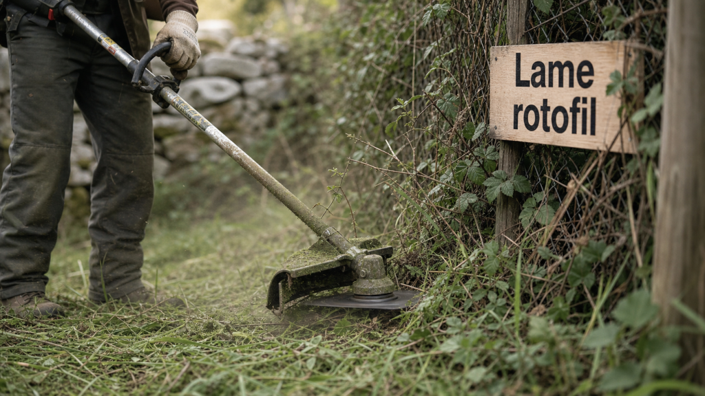 Rotofil a lame en action sur ronces et bordure de clôture